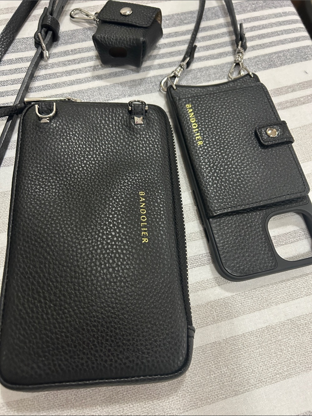 Bandolier Black Pebbled Leather Crossbody Phone Case & Wallet Set with Strap
